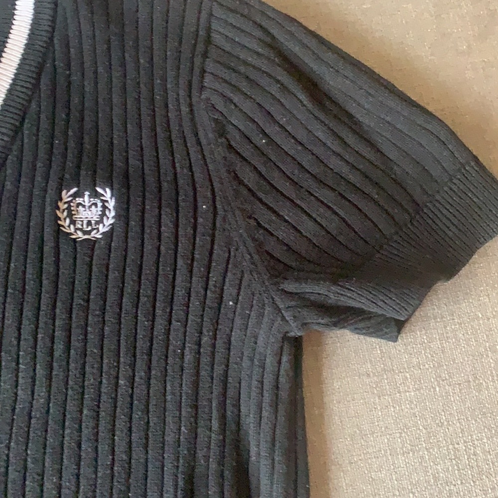 Lauren Ralph Lauren Black Short-Sleeve Ribbed Cardigan with White Trim - Picture 4 of 7